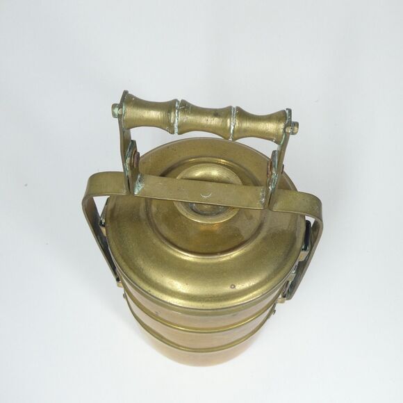 Tiffin Box Indian Brass Vintage Food Carrier 3 Compartment Stacking w/Handle - Picture 4 of 12